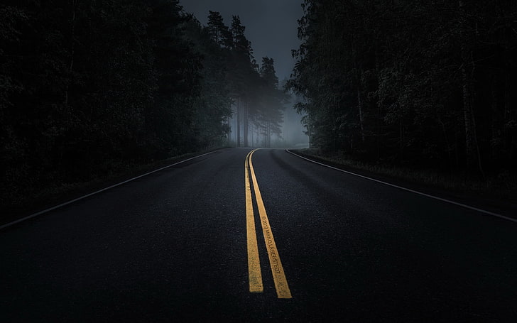 черная асфальтовая дорога, дорога, пейзаж, ночь, HD обои