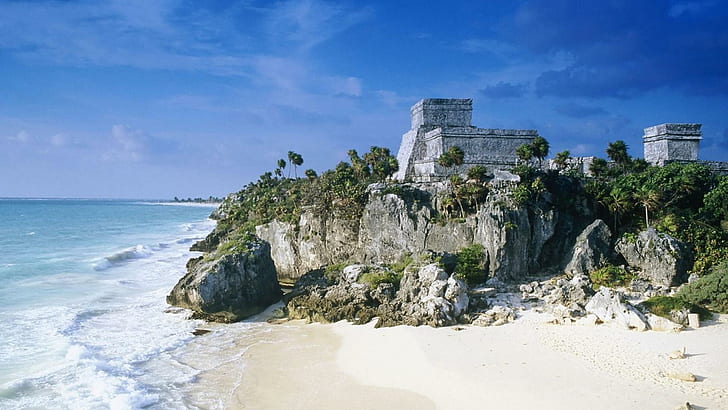 Reruntuhan Maya Di Pantai Di Cancun Meksiko, pantai, bukit, reruntuhan, kuno, alam, dan lanskap, Wallpaper HD