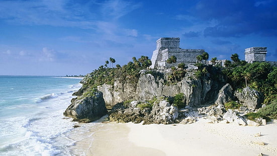 Руините на Мая на плаж в Канкун Мексико, плаж, хълм, руини, древни, природа и пейзажи, HD тапет HD wallpaper