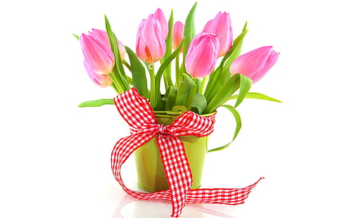 Fresh flowers, pink tulips, ribbon, vase, Fresh, Flowers, Pink, Tulips, Ribbon, Vase, HD wallpaper HD wallpaper