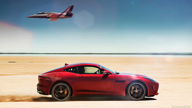 red coupe, Jaguar F-Type, car, jet fighter, desert, HD wallpaper