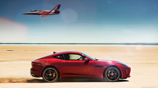 red coupe, Jaguar F-Type, mobil, jet fighter, desert, Wallpaper HD HD wallpaper