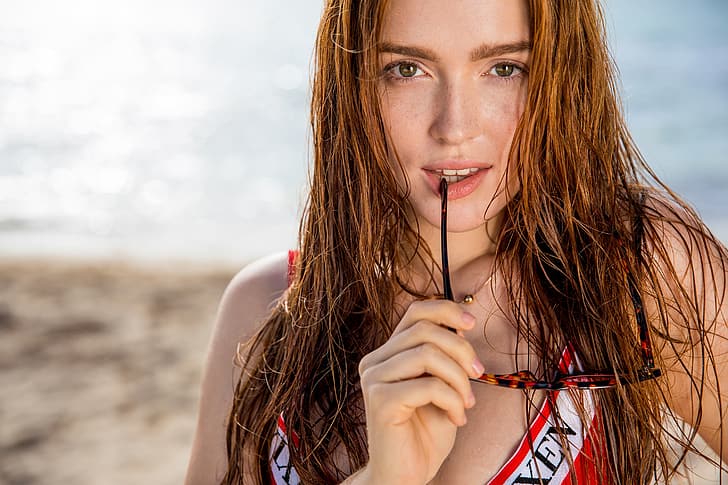 girl, green eyes, long hair, sea, landscape, photo, model, lips, face, redhead, top, pornstar, sunglasses, portrait, mouth, close up, wet hair, lipstick, looking at camera, depth of field, bare shoulders, looking at viewer, Jia Lissa, HD wallpaper