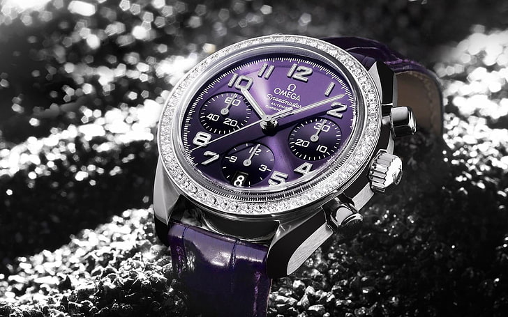 Omega Speedmaster-Advertising HD Wallpapers, round silver-colored chronograph watch with purple leather strap, HD wallpaper