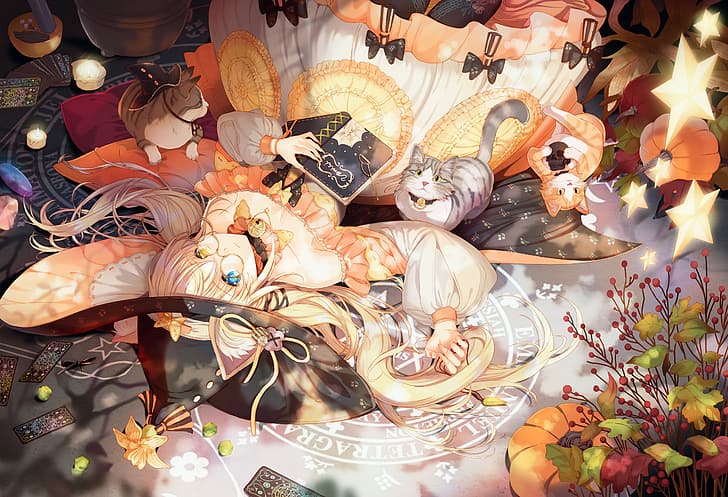 anime girls, witch hat, lying down, lying on back, heterochromia, animals, cats, bare shoulders, Rednian, closed mouth, looking at viewer, skull, pumpkin, long sleeves, books, dress, cards, glasses, plants, frills, candles, stars, hat, HD wallpaper