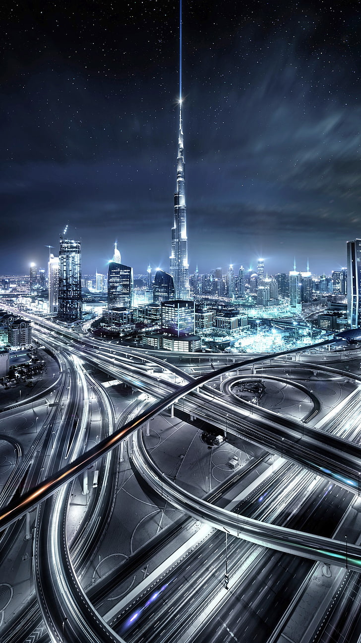 timelapse de estacionamento de carros, exibição de retrato, vista aérea, longa exposição, Dubai, Emirados Árabes Unidos, noite, estrelas, nuvens, luzes, arranha céu, construção, arquitetura, estrada, rodovia, trilhas leves, Burj Khalifa, tráfego, HD papel de parede, papel de parede de celular