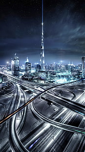 lapso de tiempo del lote de automóviles, pantalla de retrato, vista aérea, larga exposición, Dubai, Emiratos Árabes Unidos, noche, estrellas, nubes, luces, rascacielos, edificio, arquitectura, carretera, carretera, senderos de luz, Burj Khalifa, tráfico, Fondo de pantalla HD HD wallpaper
