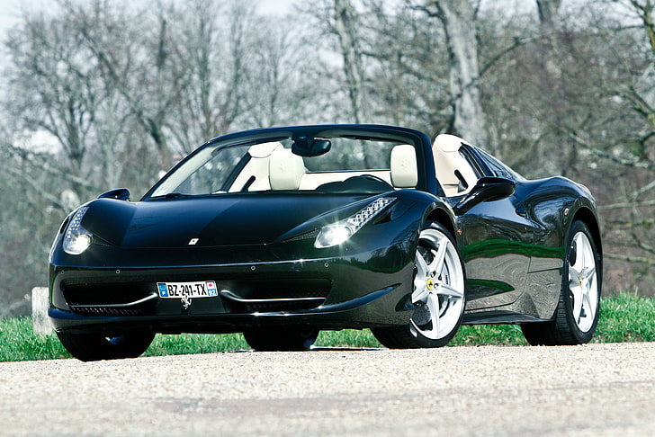black Ferrari 458 spyder, ferrari, 458, italia, convertible, black, front view, HD wallpaper