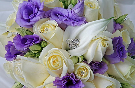 rose gialle e bouquet di fiori di lisianthus viola, rose, lisianthus russell, fiori, bouquet, gocce, decorazioni, Sfondo HD HD wallpaper