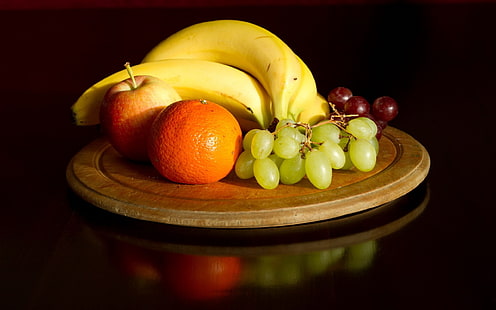 pomarańcza, winogrona, jabłko i banan, banany, pomarańcze, owoce, Tapety HD HD wallpaper