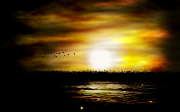 Dunkler Sumpf, Vogelschwarm, der Schattenbildfoto, Dunkelheit, Sumpf, kreativ und Grafiken fliegt, HD-Hintergrundbild