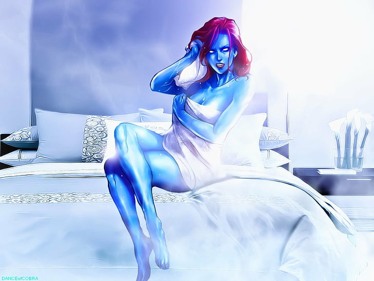 X-Men, Bed, Marvel Comics, Mystique (Marvel Comics), Red Hair, Sitting, Towel, White Eyes, Woman, HD wallpaper