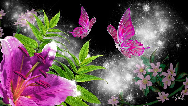 Precious Pink Lily, glitter, scintillate, black, twinkle, glint, papillon, lustre, luster, leaves, butterfly, flowers, HD wallpaper