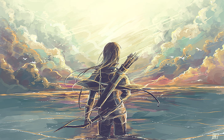 archer game character illustration, fantasy art, artwork, archer, lake, clouds, HD wallpaper