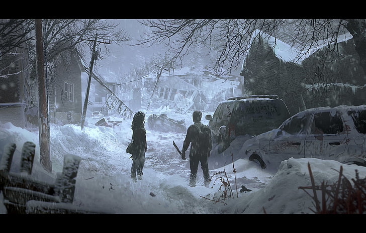 man och kvinna i stadens artwor, The Last of Us, snö, övergiven, apokalyptisk, videospel, HD tapet