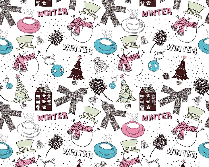 Papel de parede de colagem com tema de Natal, inverno, casa, ano novo, bola, Natal, Copa, boneco de neve, árvore, saco, HD papel de parede