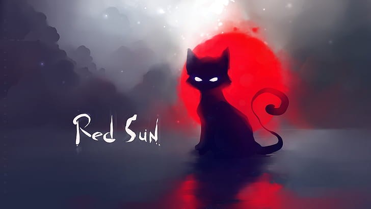 Red sun black cat painting, red sun artwork, Red, Sun, Black, Cat, Painting, HD wallpaper