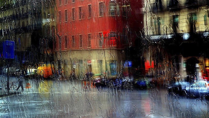 gata, fotografi, suddig, suddighet, väder, regnigt väder, fotografera, regnig dag, regnig, fönster, kväll, stadsbild, byggnader, regnar, glas, stadsområde, stad, regn, HD tapet