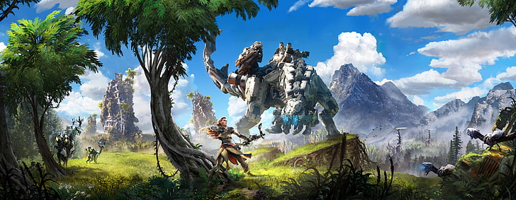 white and black robot walking on forest surrounded with mountain and tree digital wallpaper, Sony, Art, PS4, Horizon: Zero Dawn, Aloy, TheVideoGamegallery.com, HD wallpaper