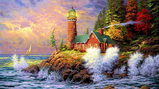 nature, landmark, tower, sea, lighthouse, painting, sky, tree, artwork, art, oil painting, landscape, HD wallpaper HD wallpaper