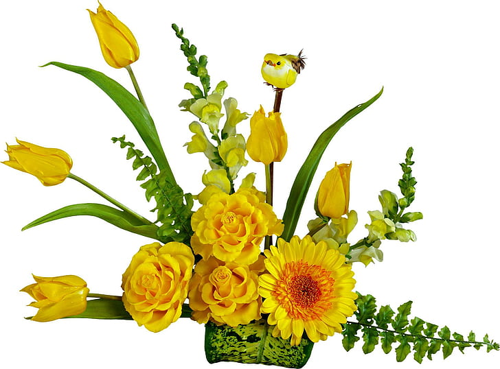 The Yellow Bunch, yellow flowers, orange, yellow, leaves, tulips, flowers, sunflower, bunch of flowers, boquet of flowers, petals, HD wallpaper