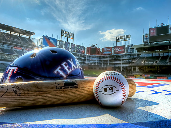 Baseball Ball And Stick-sports HD Wallpaper, white baseball with brown wooden baseball bat and blue helmet, HD wallpaper
