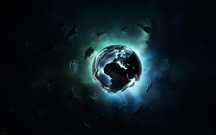 Pixel Earth, ดาวเคราะห์สีน้ำเงินและสีดำ, โลก, พิกเซล, วอลล์เปเปอร์ HD
