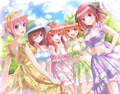  anime girls, Nakano Ichika, Nakano Itsuki, Nakano Miku, Nakano Nino, Nakano Yotsuba, cleavage, no bra, 5-toubun no Hanayome, HD wallpaper HD wallpaper
