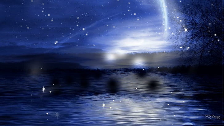 Noche de estrellas brillantes, reflexión, luna llena, estrellas, lago, árbol, agua, océano, río, azul, noche, naturaleza y paisaje, Fondo de pantalla HD