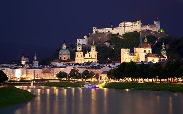 Salzburg Austria, Salzach, chapels, birdge, castle, landscape, cathedral, HD wallpaper