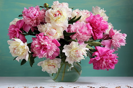 цветя, букет, ваза, розово, бяло, божури, натюрморт, HD тапет HD wallpaper