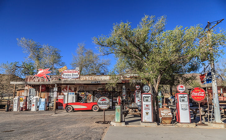 Stazione di servizio, Route 66, Arizona, vintage, classico, itinerario, arizona, retrò, stati uniti, gasstation, classiccar, backintime, Sfondo HD