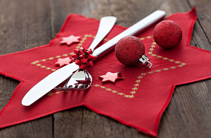 red, background, holiday, Wallpaper, toys, new year, ball, knife, plug, widescreen, Christmas decorations, full screen, HD wallpapers, HD wallpaper