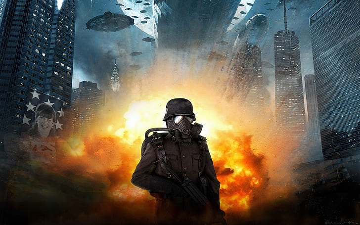 Iron Sky Soldier, żołnierz, automat, pożar, eksplozja, drapacze chmur, Tapety HD