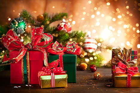 holiday, Christmas, lights, Christmas ornaments, presents, HD wallpaper HD wallpaper