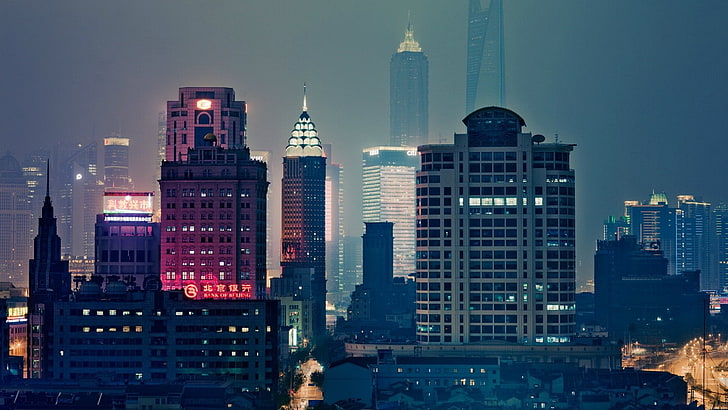wielobarwna tapeta cyfrowa budynku, chiny, hongkong, budynki, miasto, noc, Tapety HD