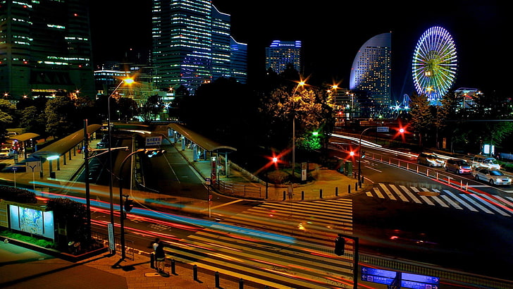 graues konkretes Gebäude, Japan, Tokyo, Nacht, beleuchtet Stadt, schön, Stadtbild, HD-Hintergrundbild