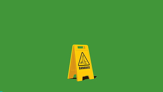 желтые и черные пластиковые предупреждающие знаки, цифровое искусство, простой фон, минимализм, предупреждающие знаки, юмор, бананы, зеленый фон, HD обои HD wallpaper