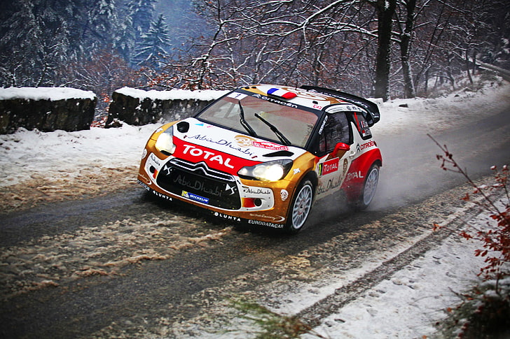 Зима, сняг, спорт, машина, Citroen, DS3, WRC, рали, Sebastien Loeb, общо, HD тапет