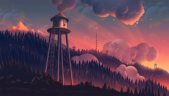 digitale Kunst, Aaron Campbell, Bäume, Wolken, Wald, Fantasiekunst, Berge, Sonnenuntergang, Wachturm, HD-Hintergrundbild HD wallpaper