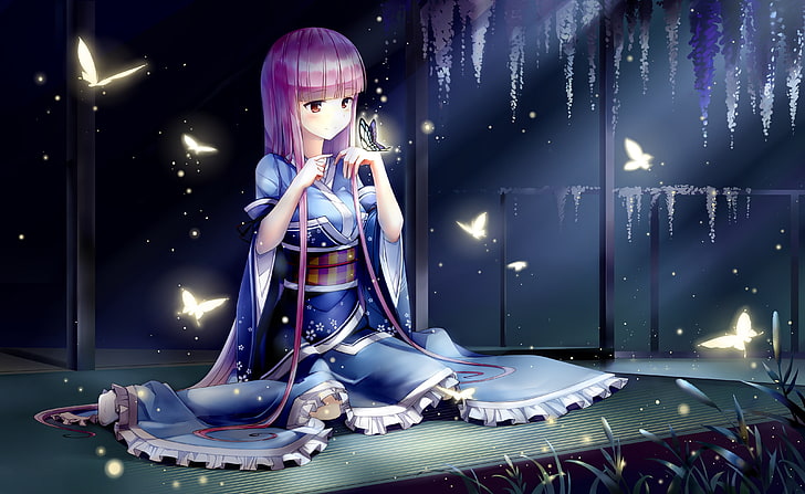紫髪の女性アニメキャラクター3D壁紙、和服、西行寺裕子、東方、蝶、 HDデスクトップの壁紙