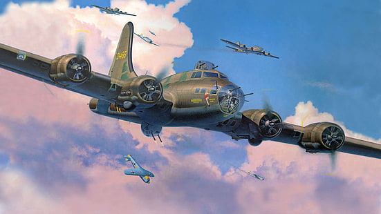 Mephis Belle B-17F illustration, figure, fighters, bombers, interception, fw-190, Flying fortress, Boeing B-17 Flying Fortress, HD wallpaper HD wallpaper