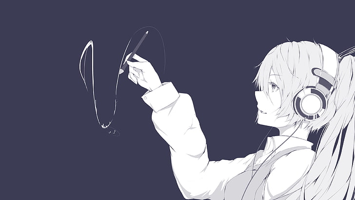 Anime girl, drawing, headphones, only white, Anime, HD wallpaper |  Wallpaperbetter