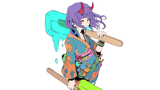anime, manga, anime girls, minimalism, simple background, white background, purple hair, Oni, demon, ice cream, yukata, HD wallpaper HD wallpaper