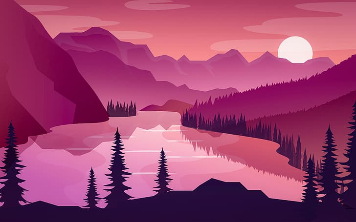 vektor, pemandangan, hutan, pegunungan, matahari terbenam, Wallpaper HD