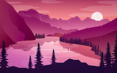 vektor, landskap, skog, berg, solnedgång, HD tapet HD wallpaper