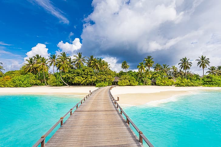 плаж, мост, тропици, палми, океана, крайбрежие, Малдивите, Малдивите, Индийския океан, Индийския океан, HD тапет