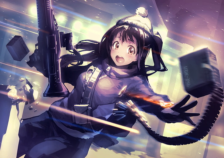 anime, anime girls, long hair, M60, gun, weapon, HD wallpaper