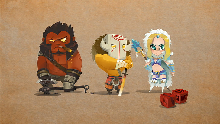 3つのキャラクターのイラスト、古代の防衛、土田、土田2、ヒーロー、アックス、ジャガーノート、忍者、リーライ、クリスタル乙女（DOTA2）、 HDデスクトップの壁紙