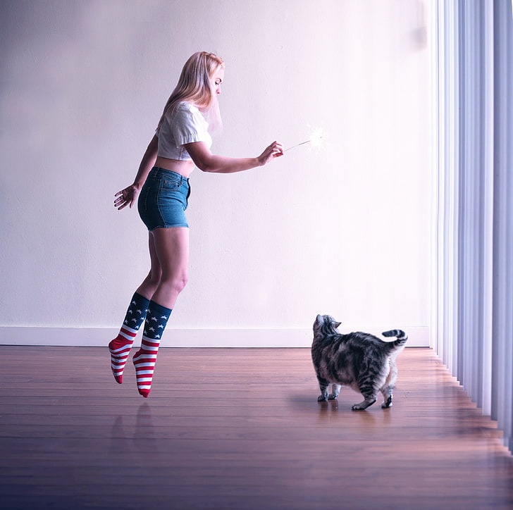 flag, socks, jumping, cat, animals, women, model, HD wallpaper